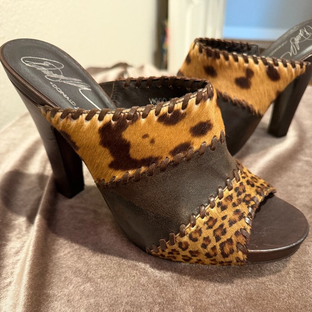 Donald J. Pliner Leopard suede-leather mules heels VTG 8 animal calf-hair brown